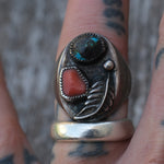 Vintage Sterling Turquoise and Coral Feather Ring 9.75