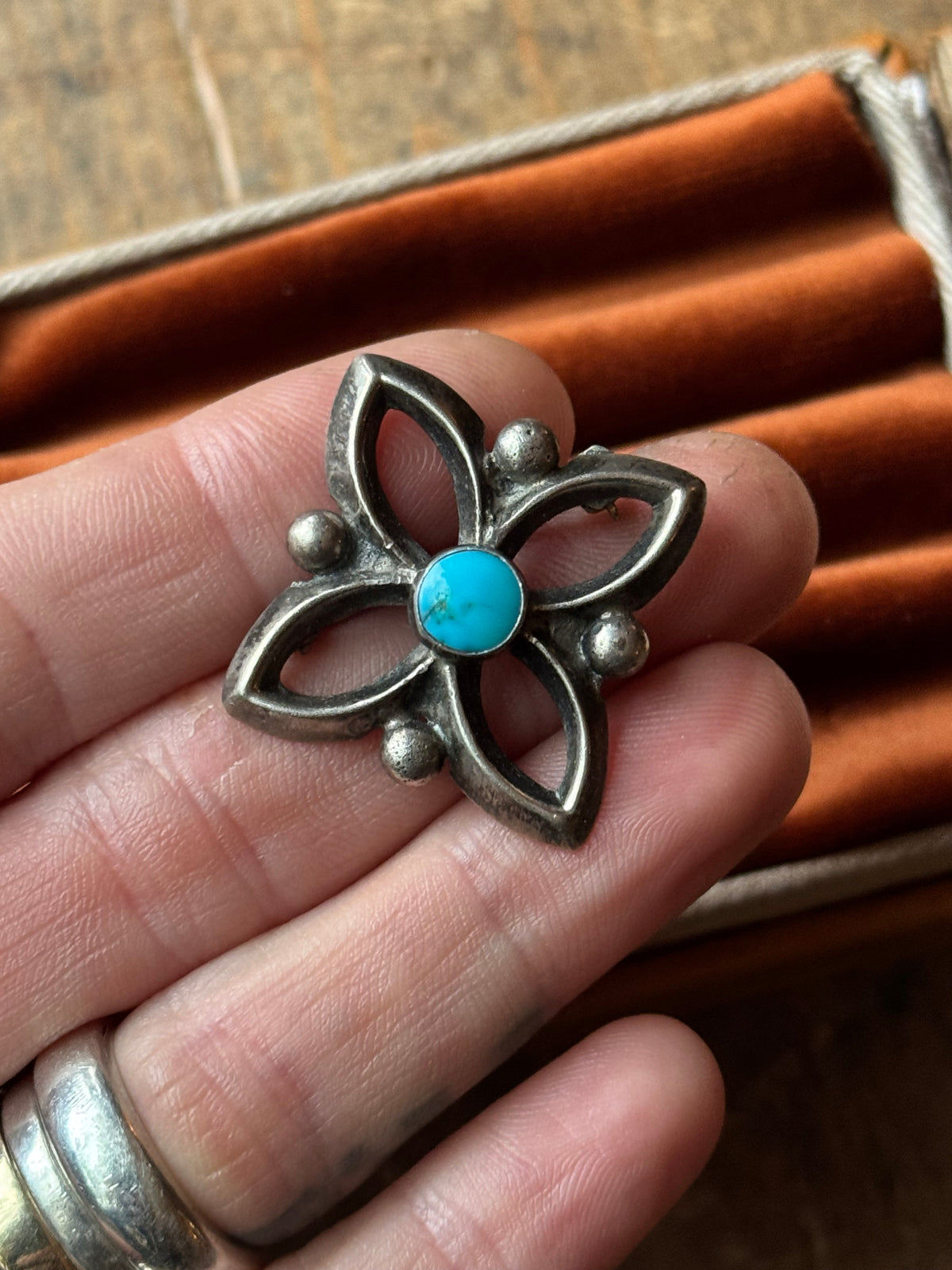 Vintage Sterling Silver Turquoise Sandcast Florette Pin