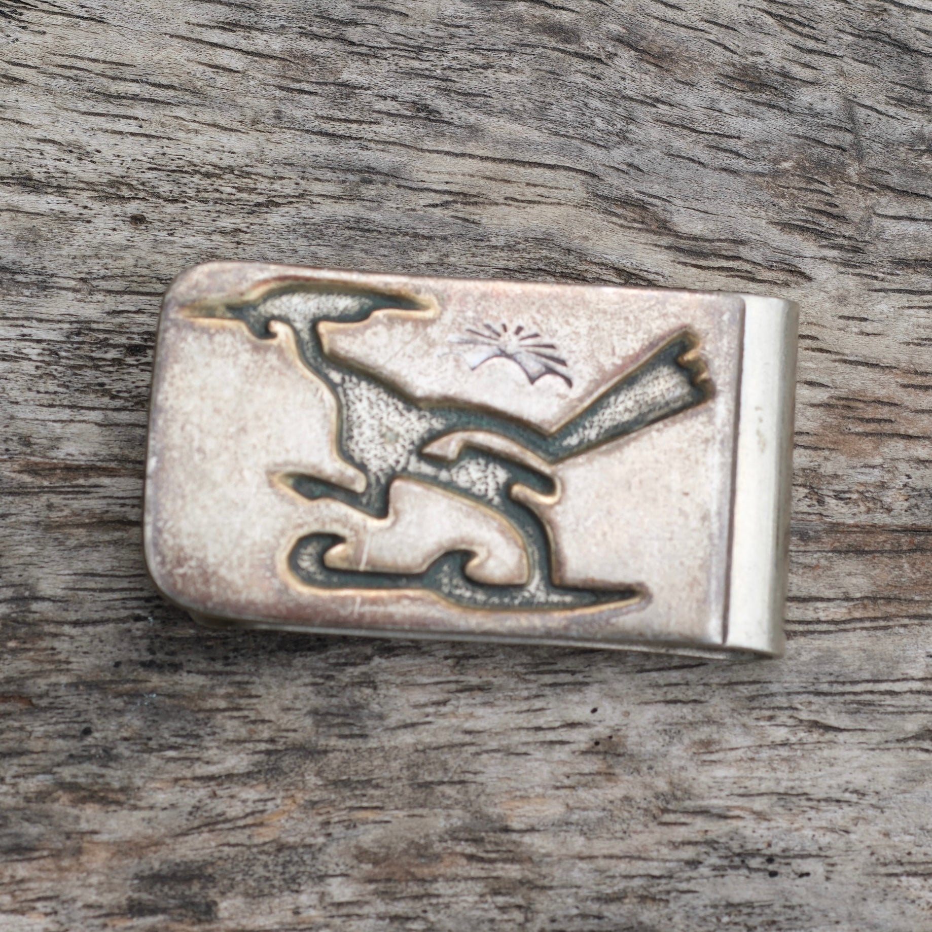 Vintage Sterling Overlay Stamped Road Runner Moneyclip Signed