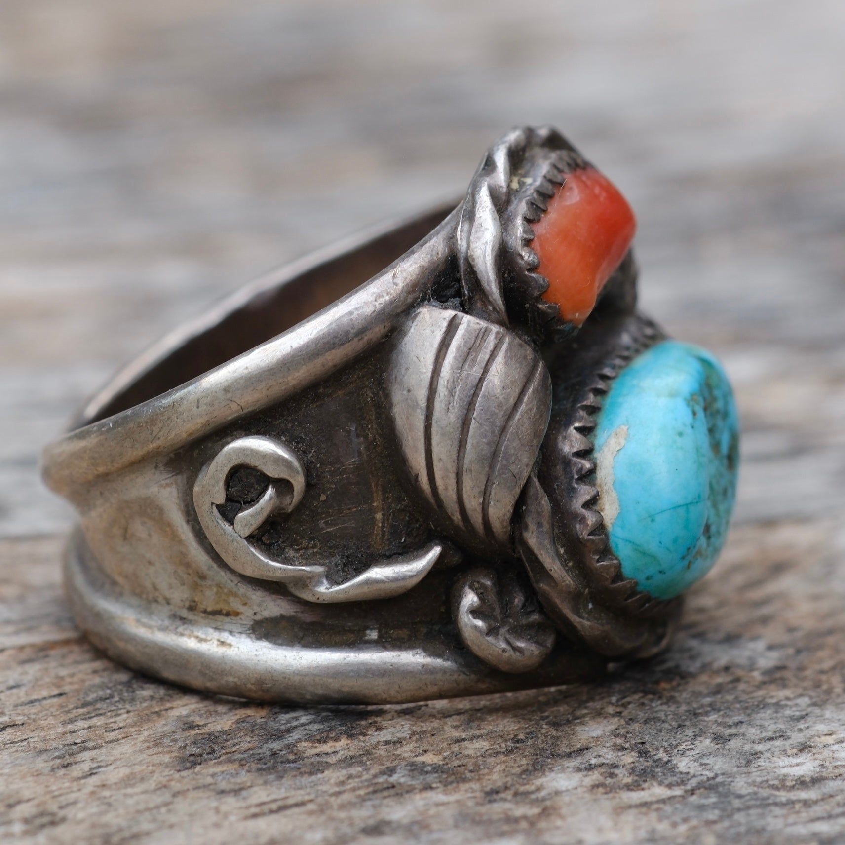 Vintage Sterling Turquoise and Coral Feather Ring 12
