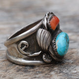 Vintage Sterling Turquoise and Coral Feather Ring 12