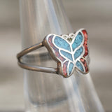 Vintage Sterling Turquoise and Coral Butterfly Ring 6.5