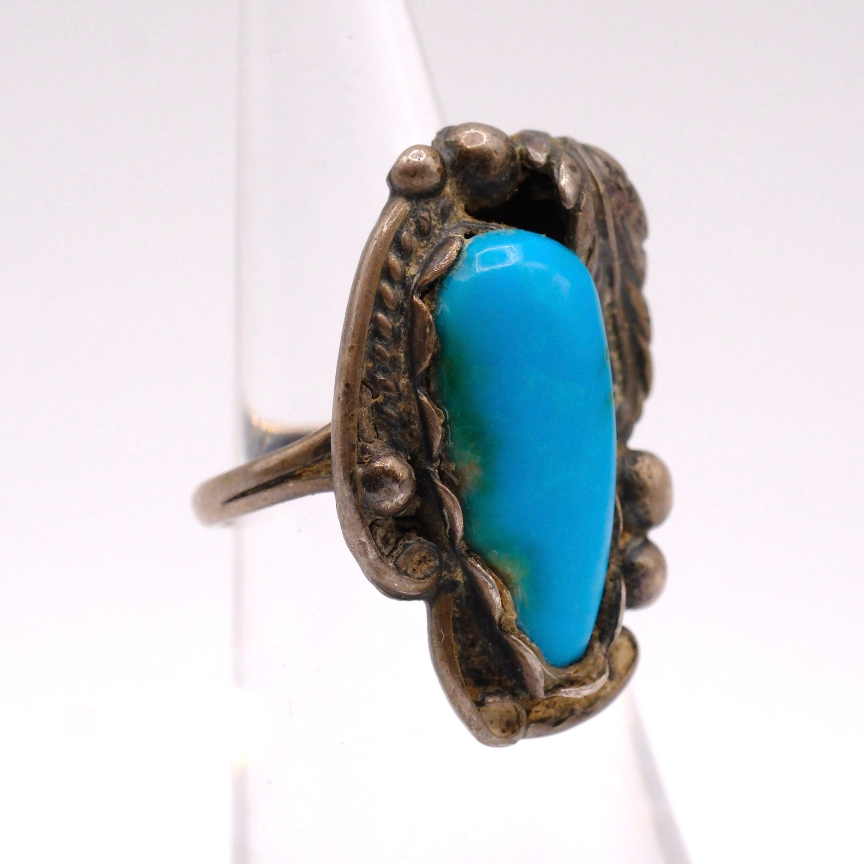 Vintage Sterling Turquoise Feather Ring 4.5