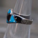 Vintage Sterling Onyx and Turquoise Inlay Ring 4.75