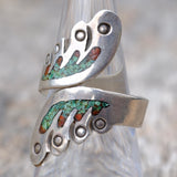 Vintage Sterling Turquoise and Coral Inlay Overpass Ring 7.5