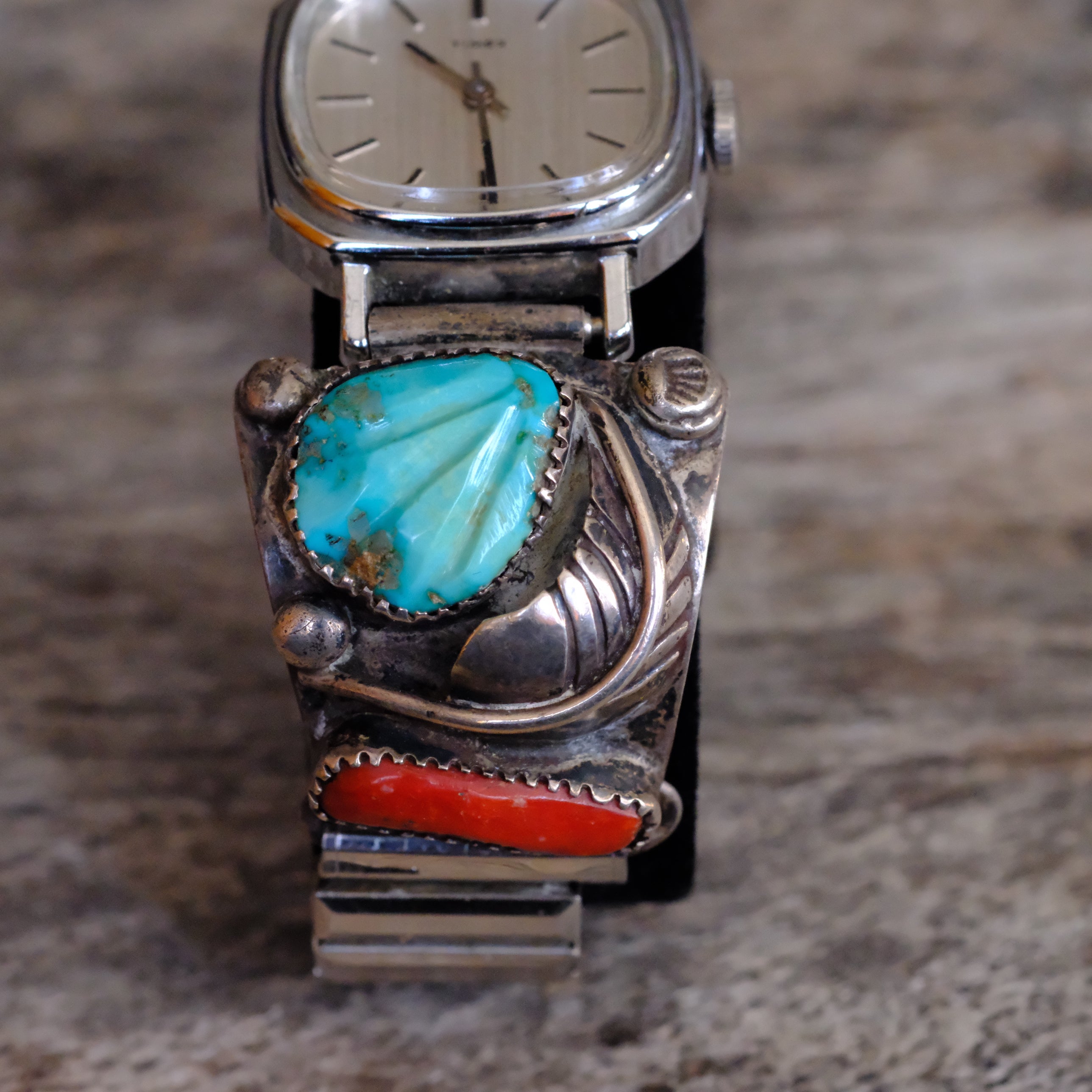 Vintage Sterling Faceted Turquoise and Coral Feather Watch