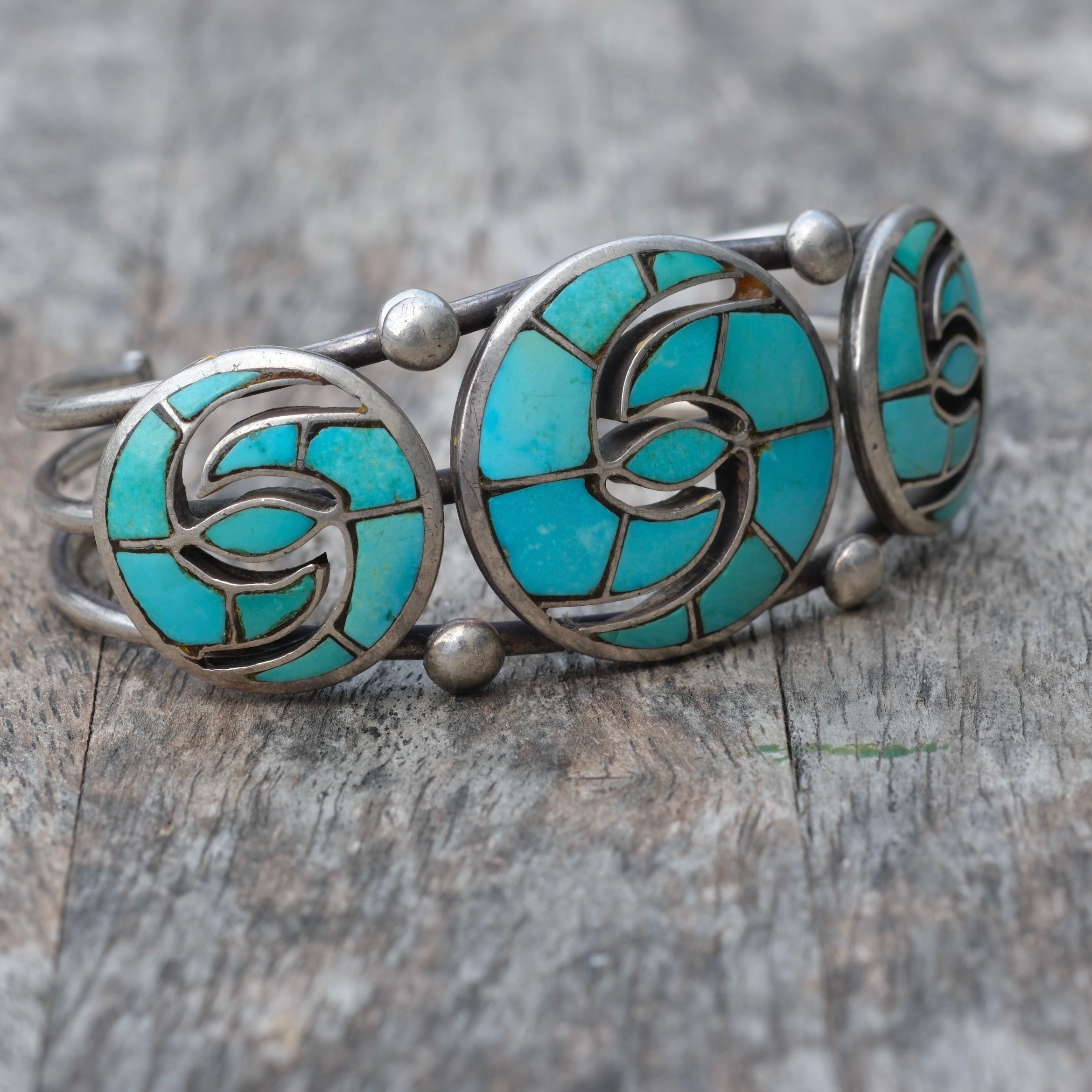 Vintage Sterling Triple Hummingbird Inlay Turquoise Cuff Bracelet