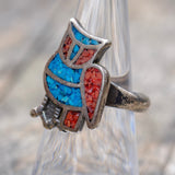 Vintage Sterling Turquoise and Coral Inlay Owl Ring 6