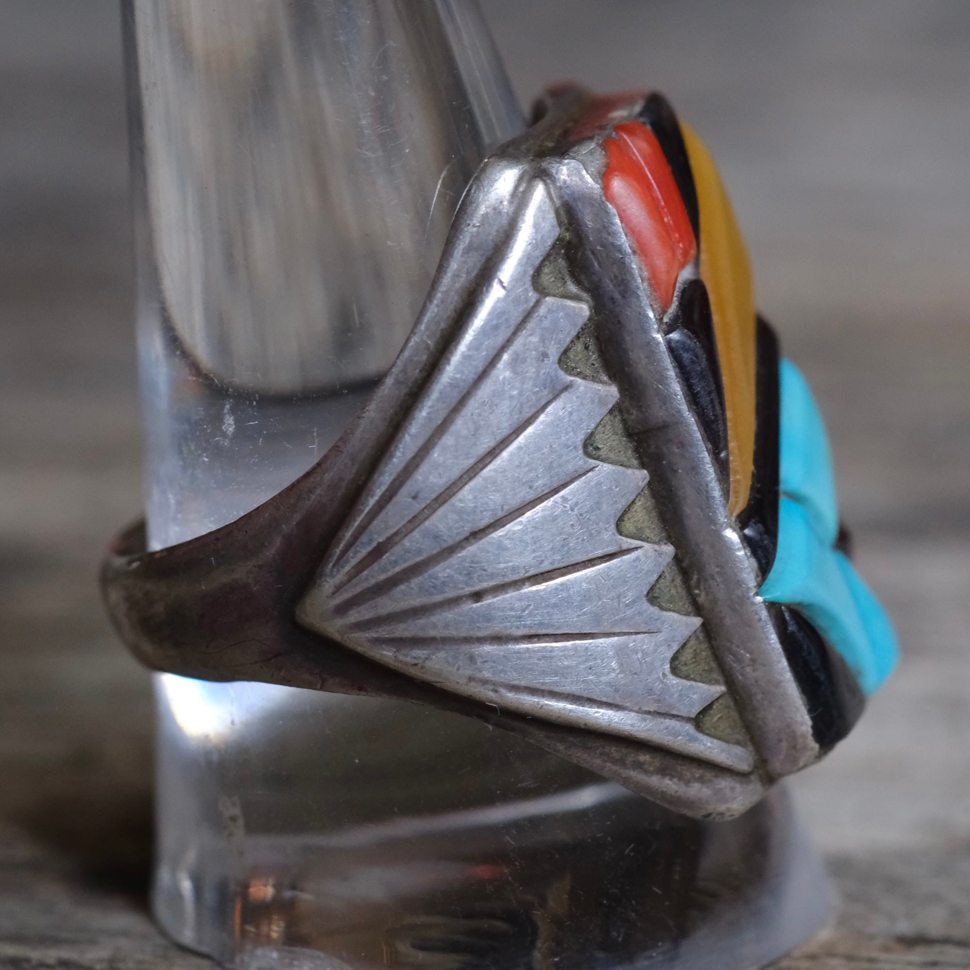 Vintage Sterling Multistone Inlay Winged Band Ring 11.5