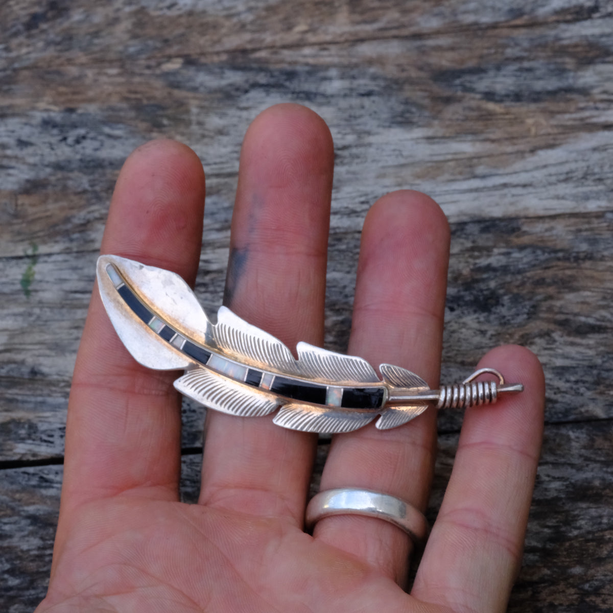 HUGE Vintage Sterling Onyx and Opalite Inlay Feather Pin