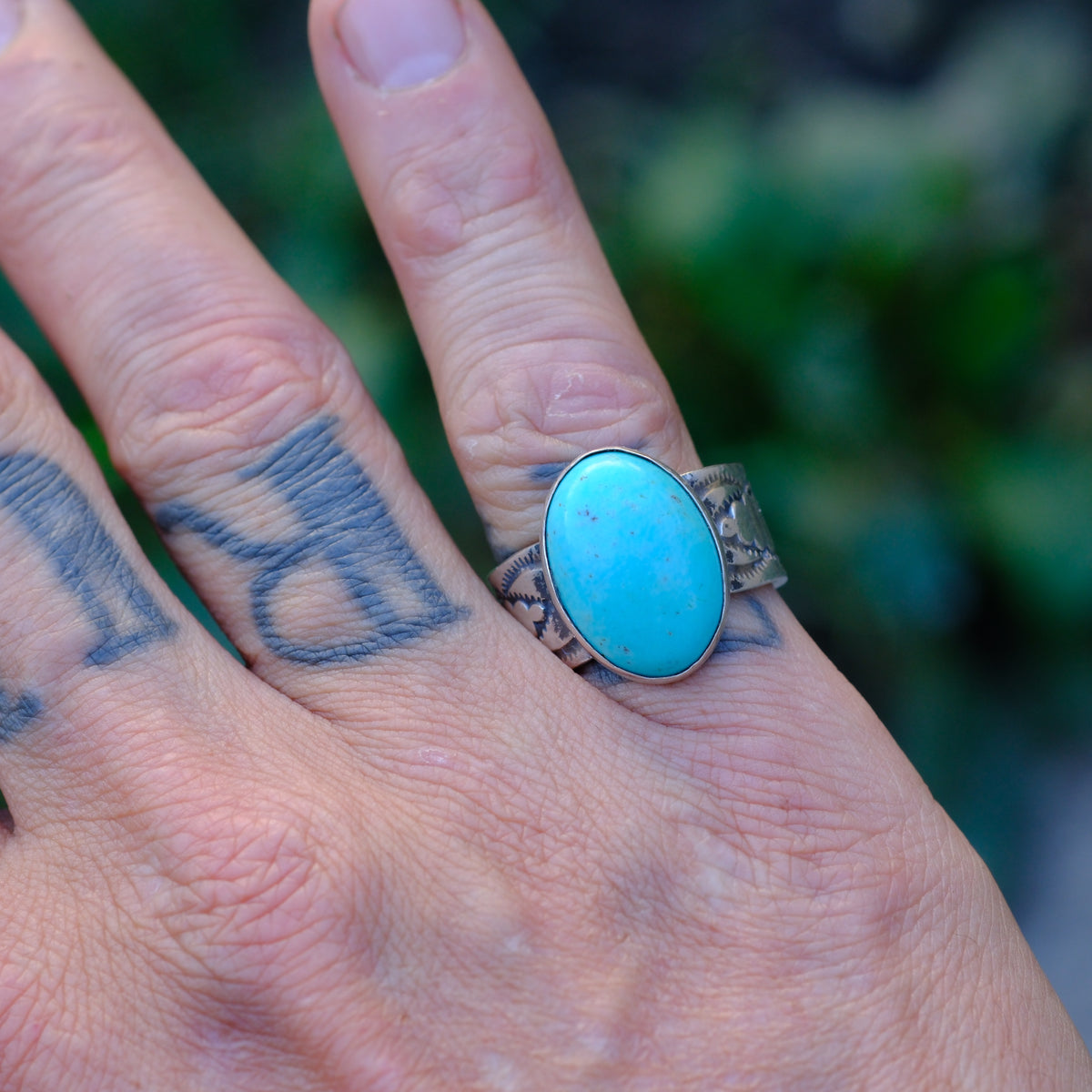 Vintage Sterling Turquoise Stamped Band Ring 7.5