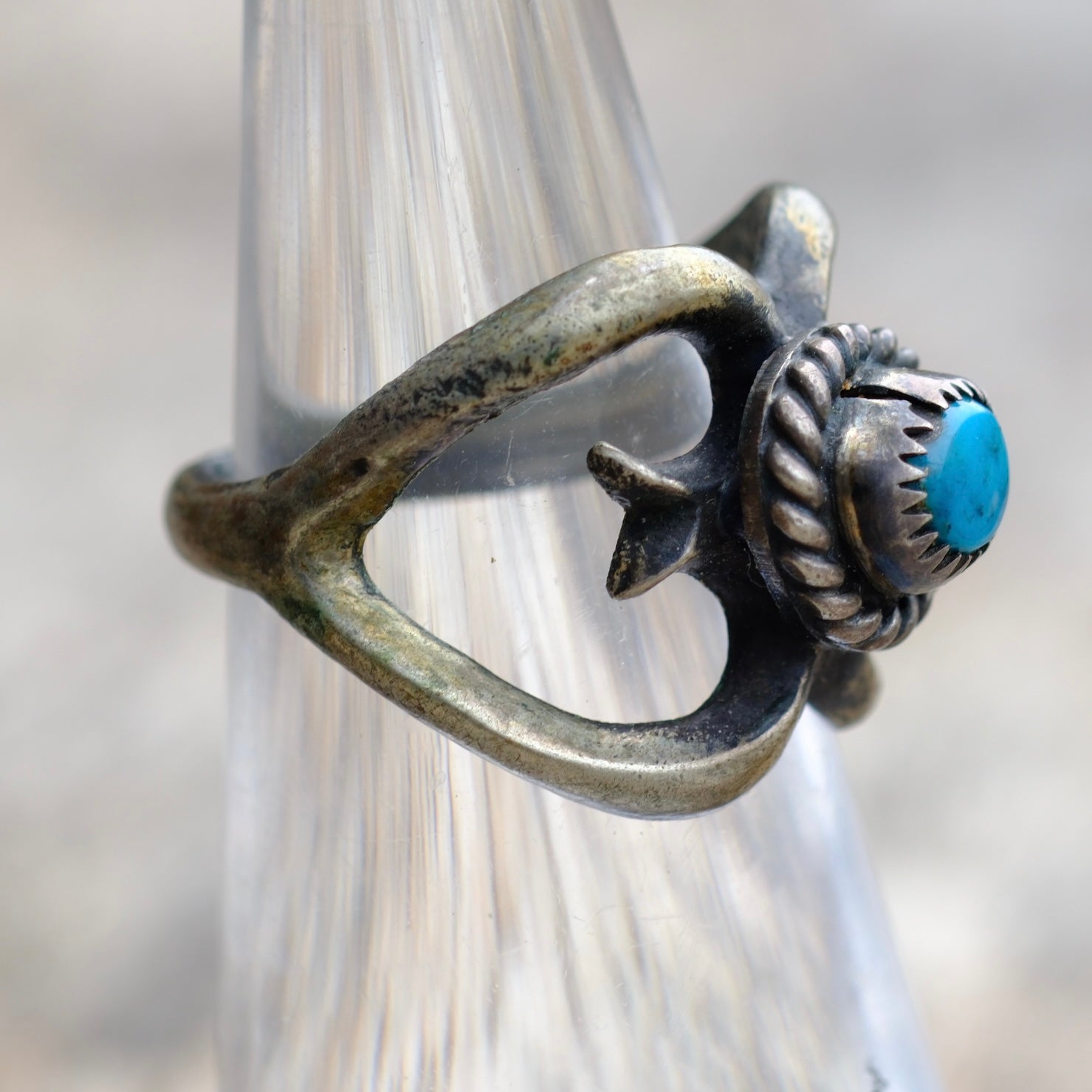 Vintage Sterling Turquoise Sandcast Ring 4.5
