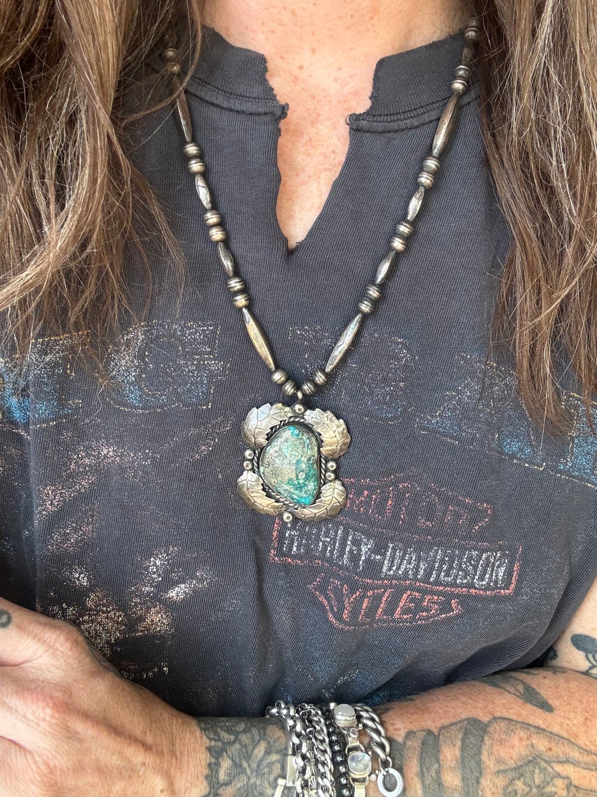 Vintage Turquoise Leaf Sterling Silver Pawn Bead Necklace