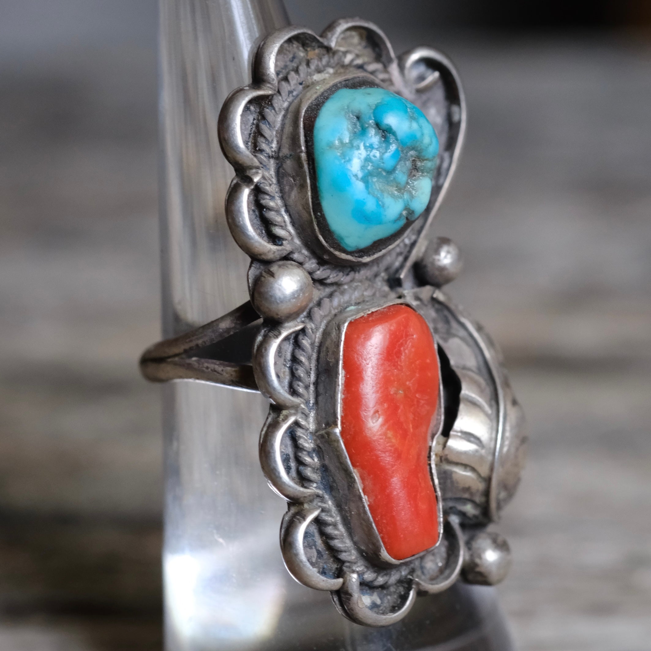 Vintage Sterling Turquoise and Coral Feather Ring 6.25