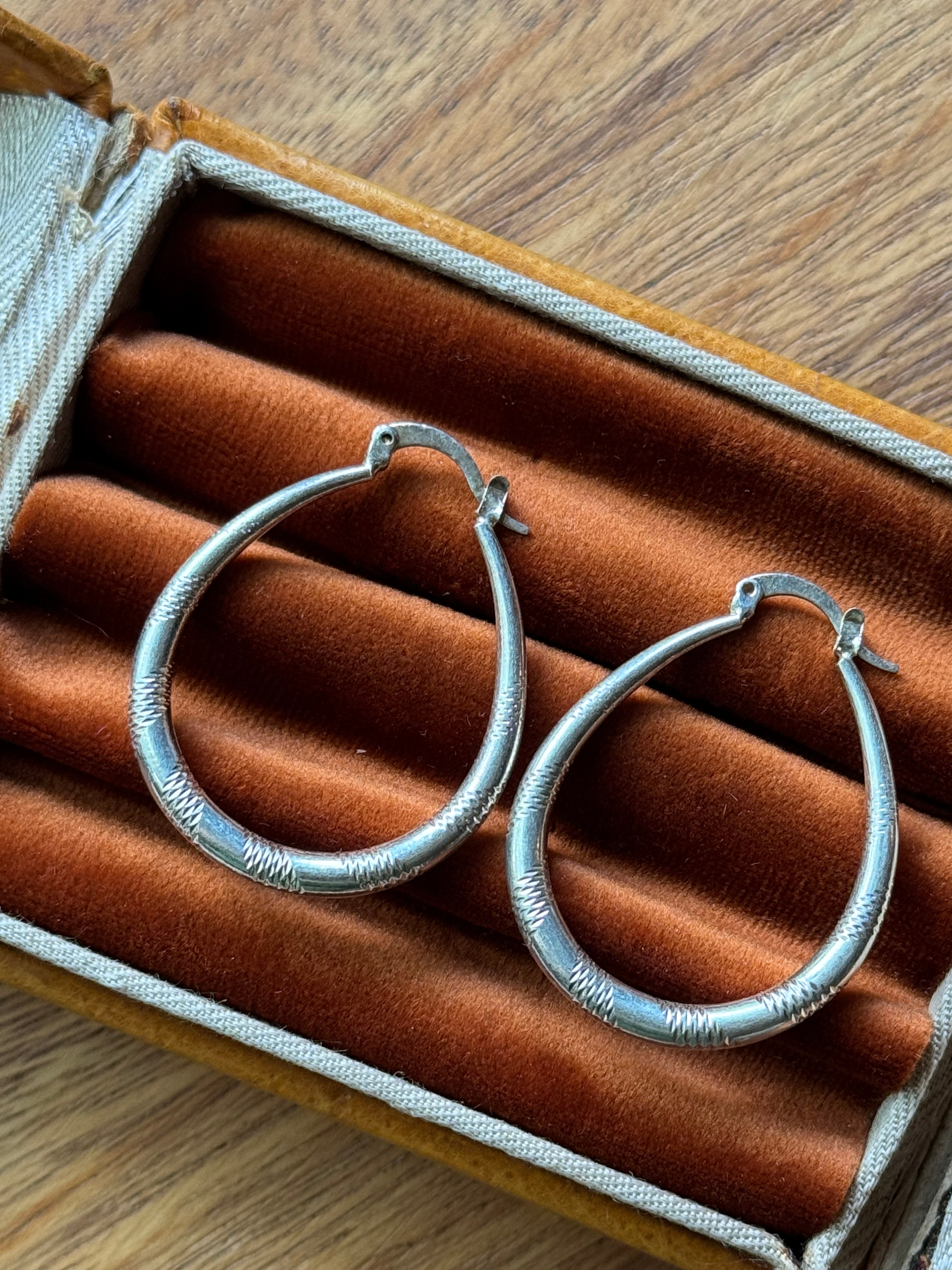 Vintage Sterling Silver Etched Teardrop Hoops