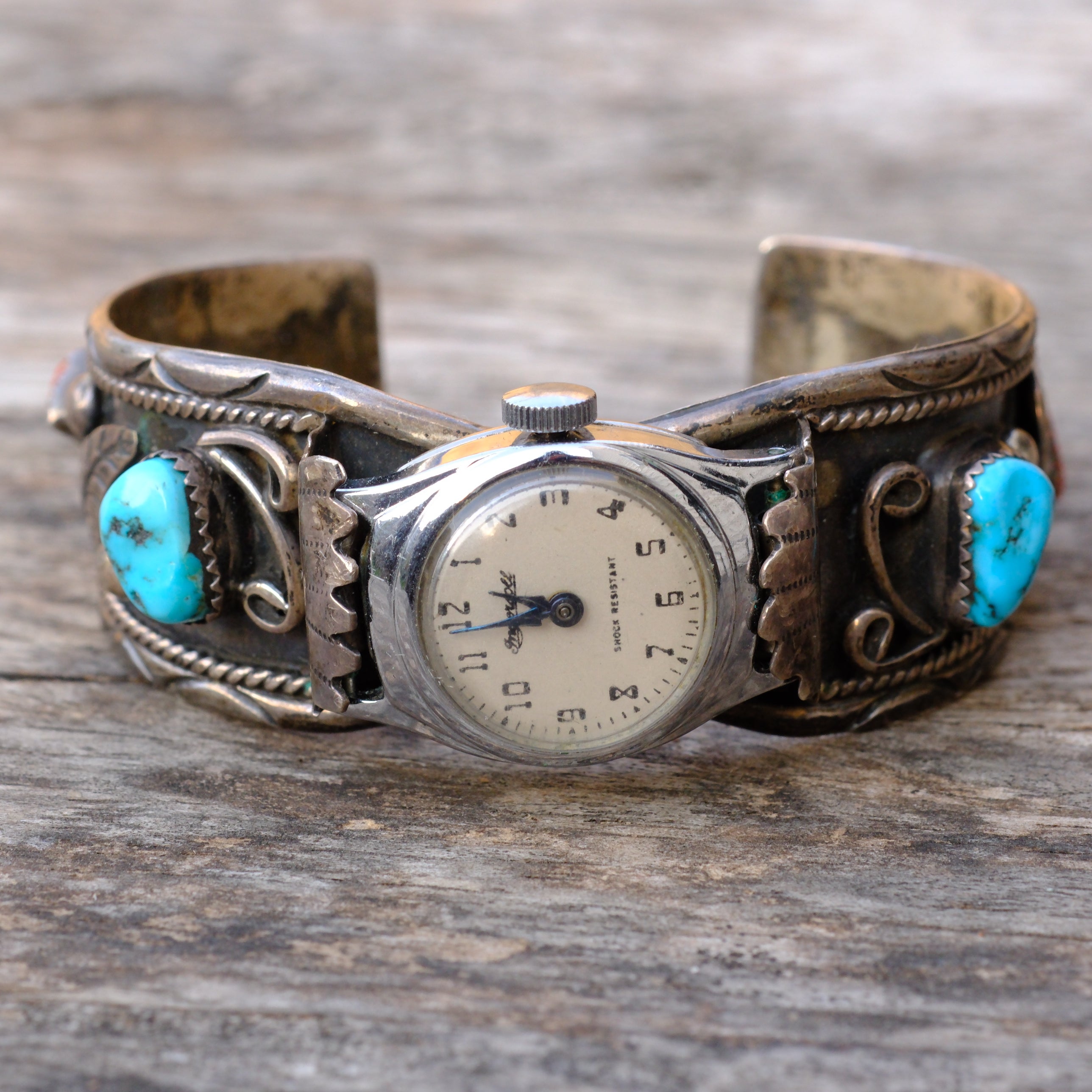 Vintage Sterling Turquoise and Coral Cuff Watch Cuff Bracelet