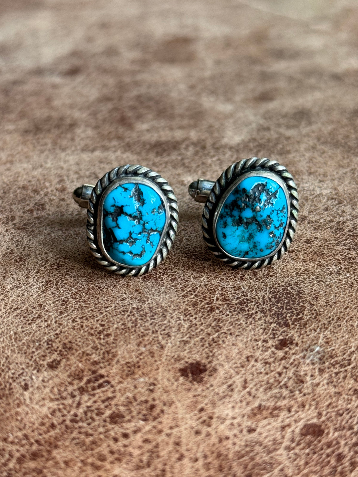 Vintage Sterling Silver Roped Turquoise Cufflinks