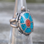 Vintage Sterling Turquoise and Coral Turtle Ring 5
