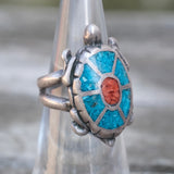 Vintage Sterling Turquoise and Coral Turtle Ring 5