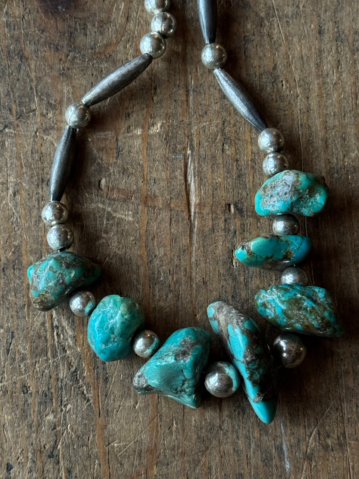Vintage Sterling Silver Pawn Bead & Chunky Raw Turquoise Choker Necklace