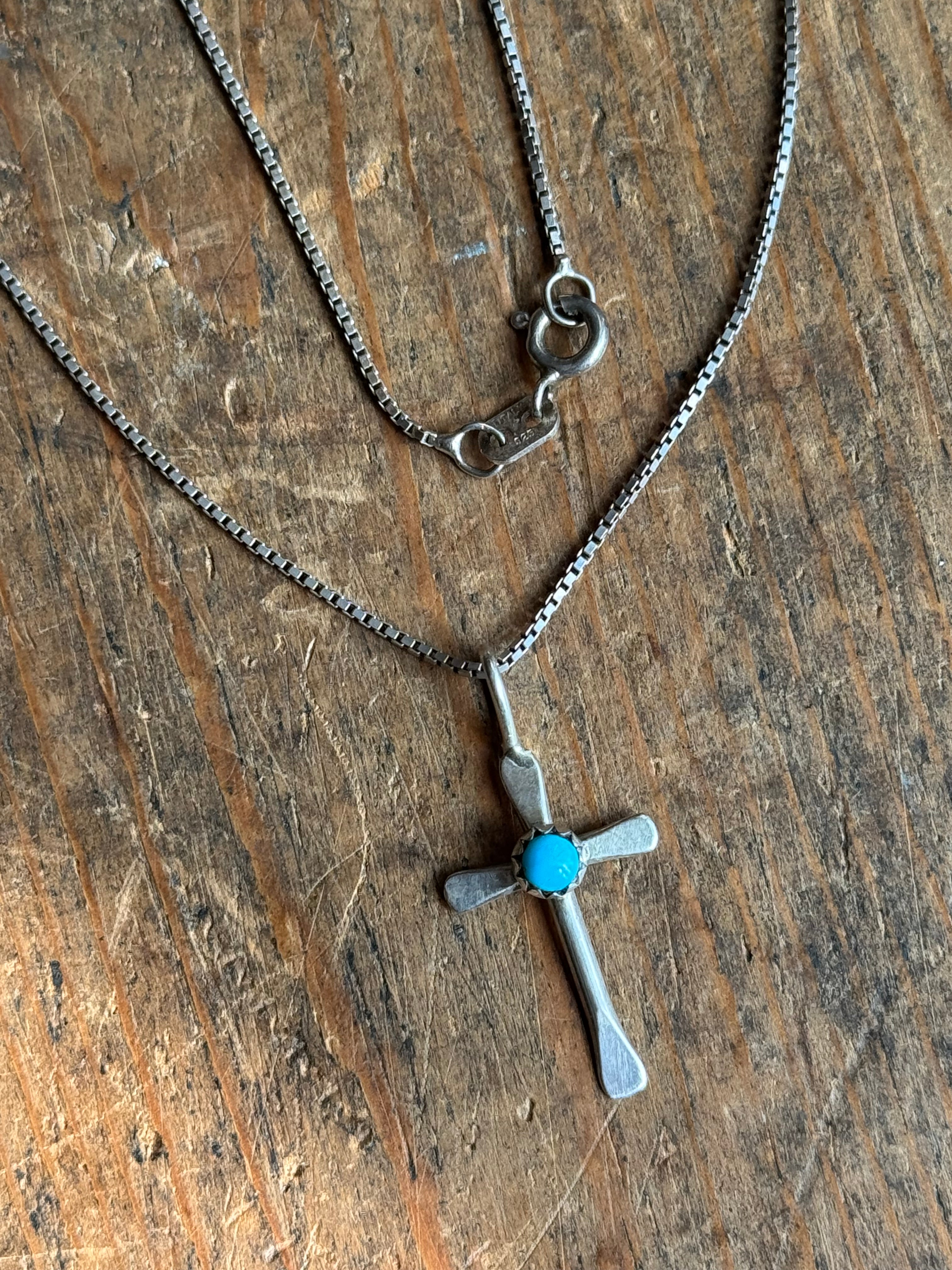 Vintage Sterling Silver Turquoise Cross 16" Necklace