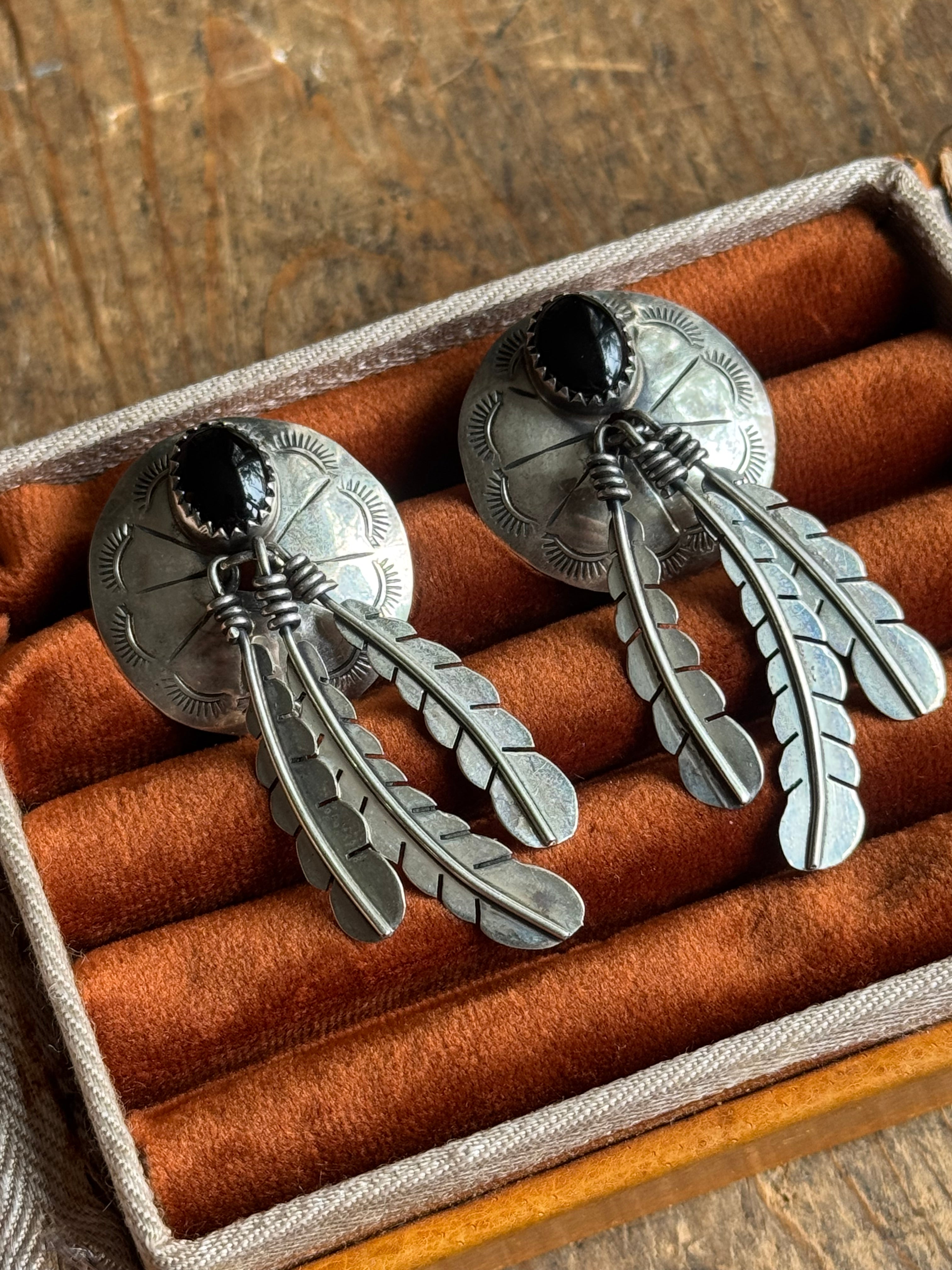 Vintage Sterling Silver Onyx Feather Concho Earrings