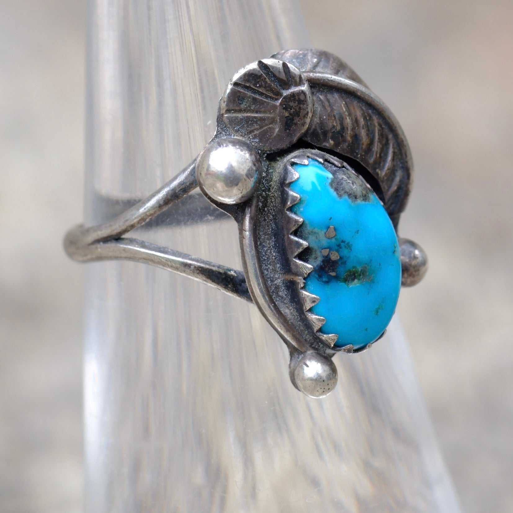Vintage Sterling turquoise Feather Ring 5.25