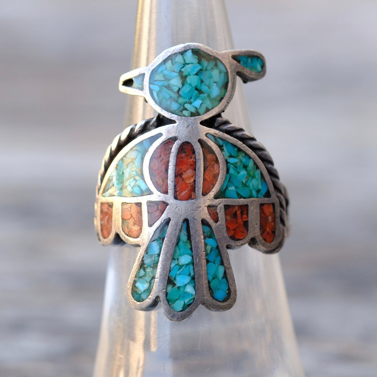 Vintage Sterling Turquoise and Coral Inlay Thunderbird Ring 6.75