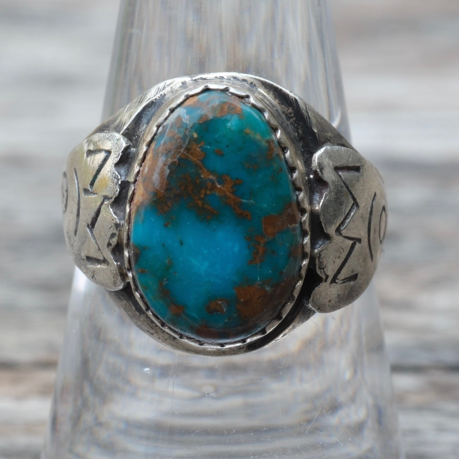 Vintage Sterling Turquoise Stamped Band Ring 6.25