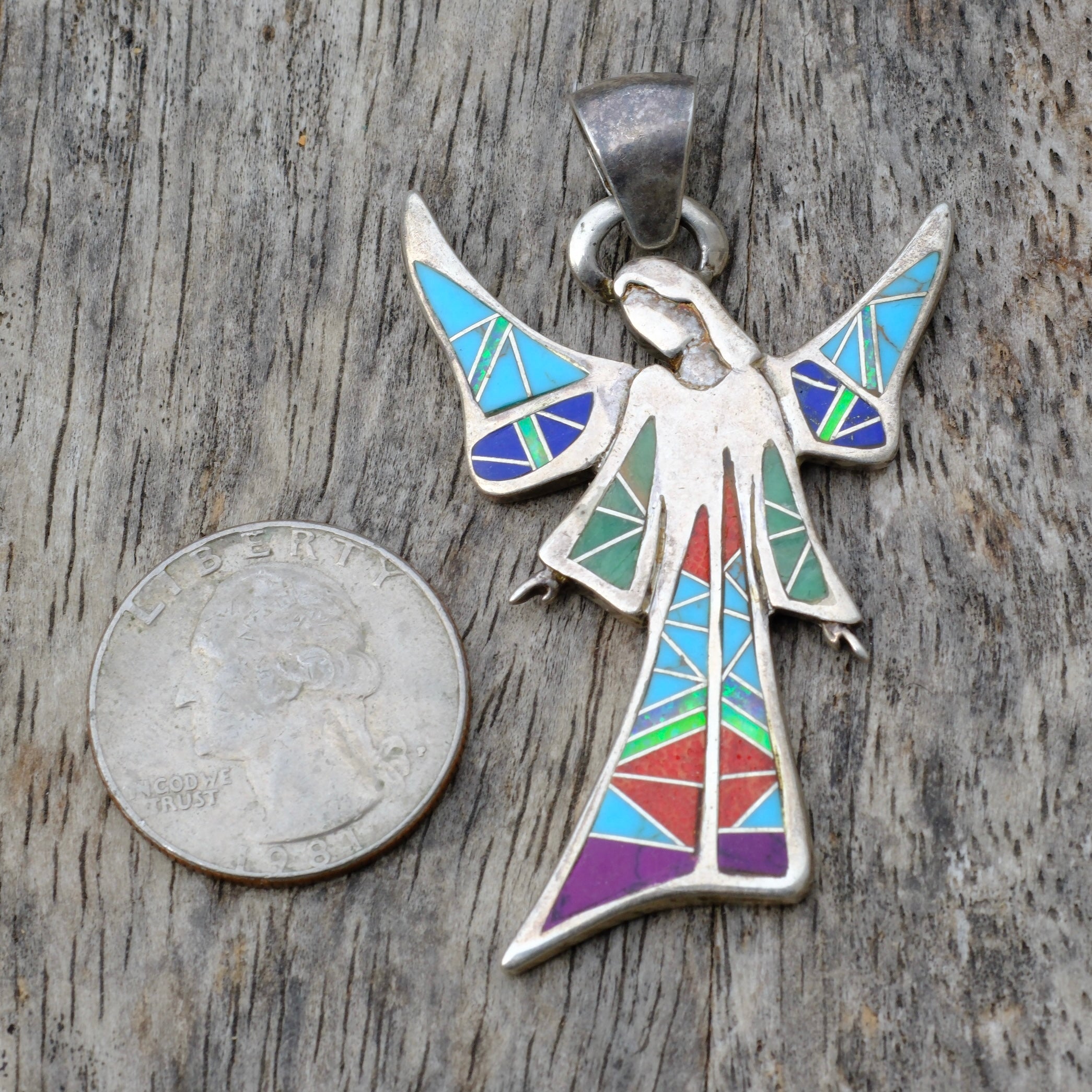 Vintage Sterling Multistone Inlay Angel Pendant