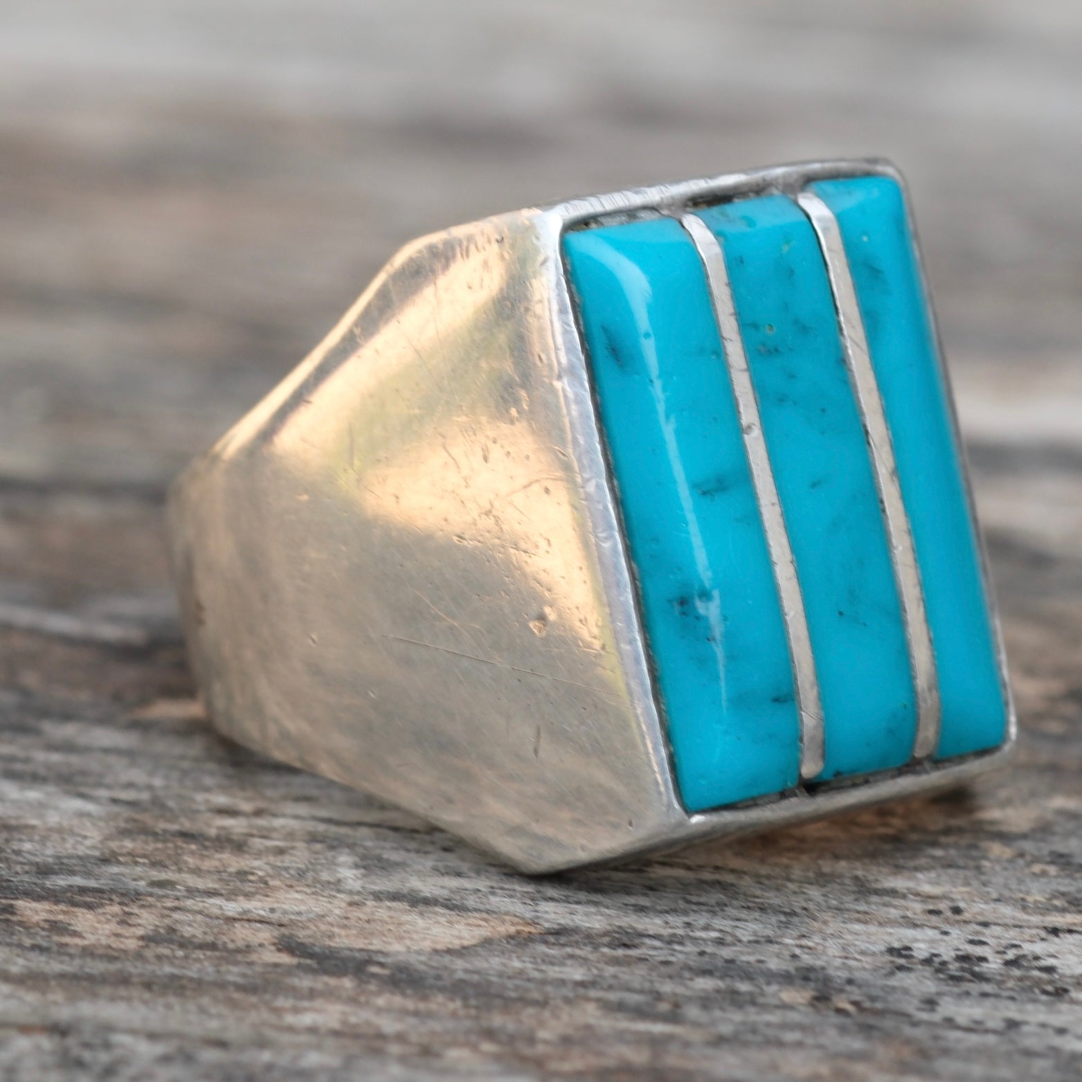 Vintage Sterling Turquoise Inlay Striper Ring 9.75