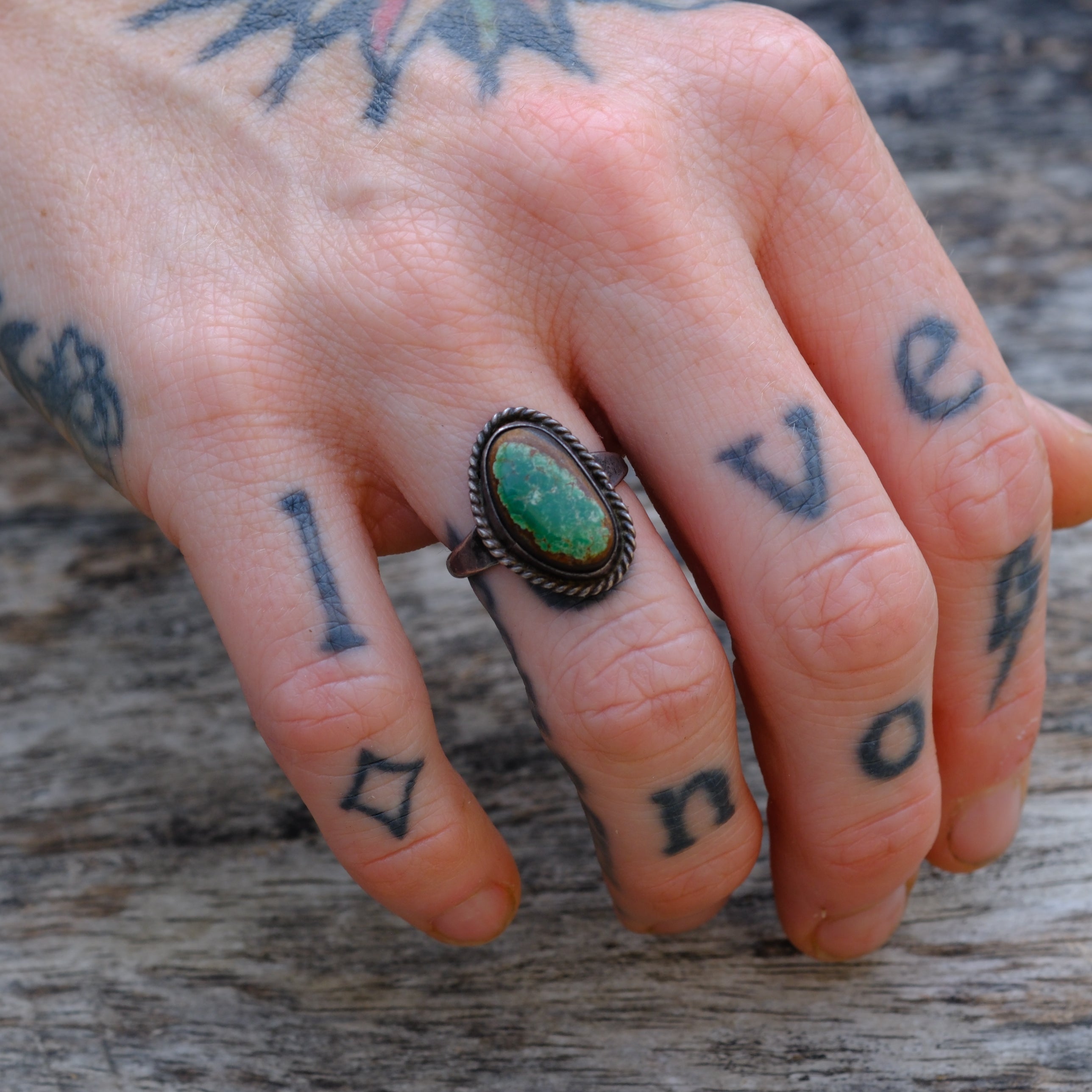 Vintage Sterling Turquoise Roper Ring 4.5