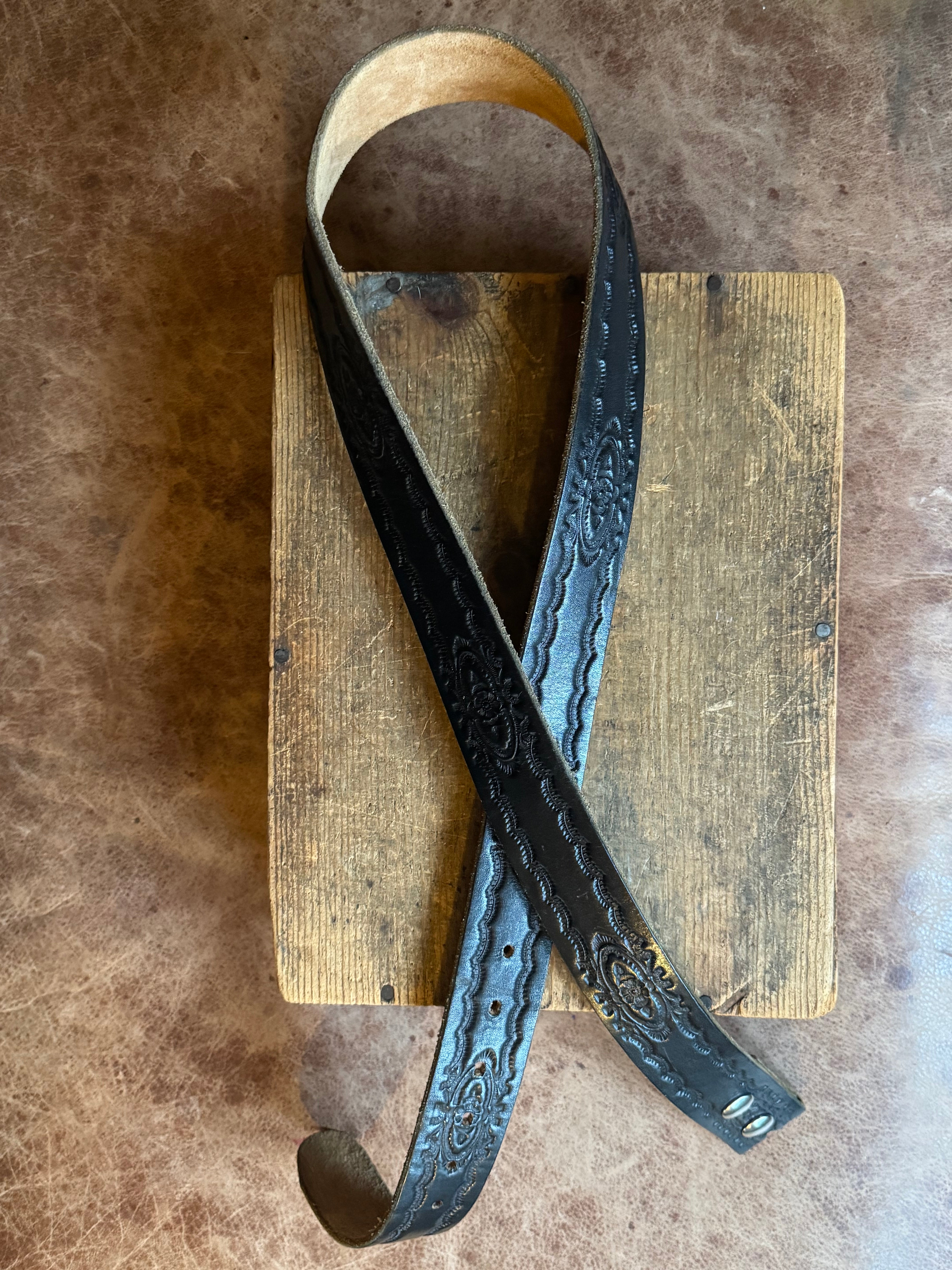 Vintage Hand Tooled Black Leather Belt