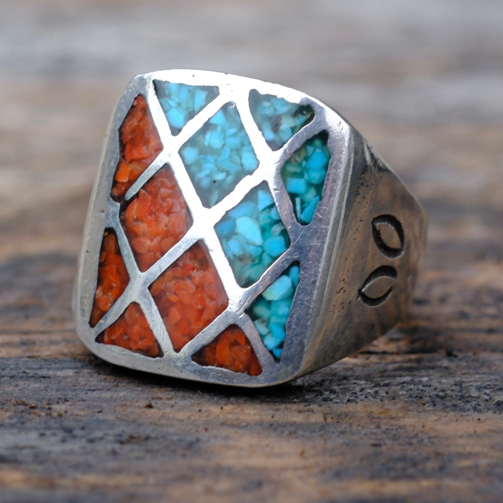 Vintage Sterling Turquoise and Coral Inlay Ring 9