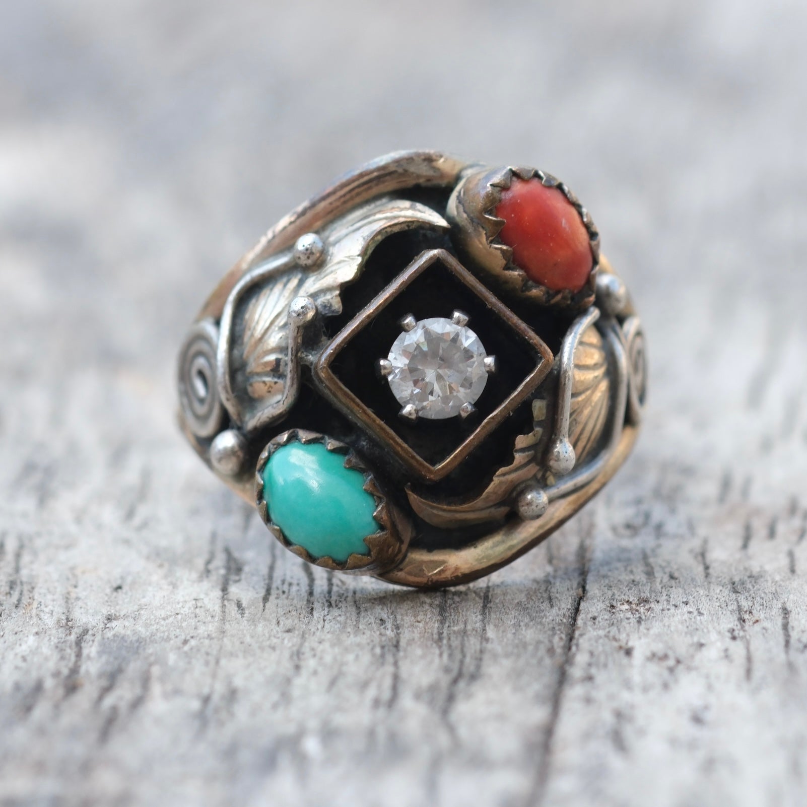 Vintage Sterling Turquoise and Coral CZ Ring 7