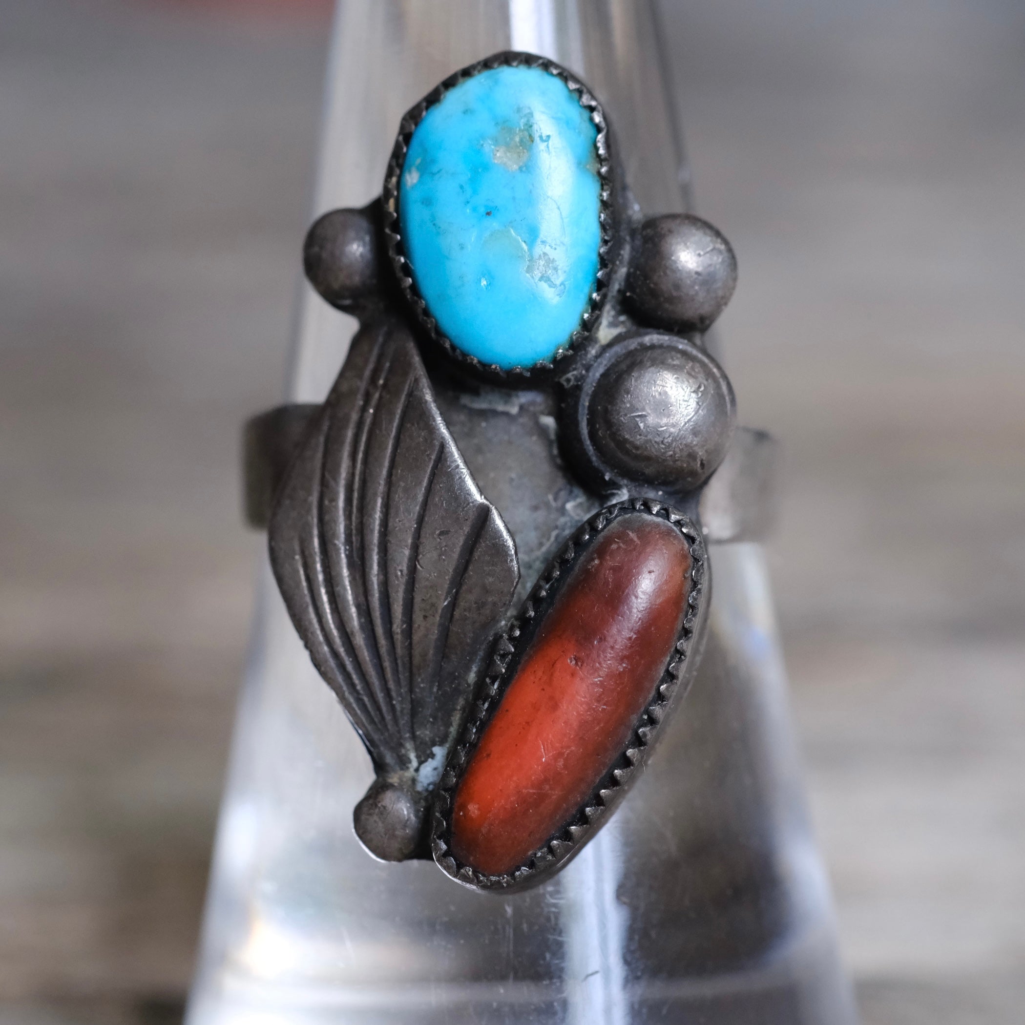 Vintage Sterling Turquoise and Coral Feather Ring 7.5