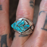 Vintage Sterling Turquoise Inlay Feather Ring 11.75