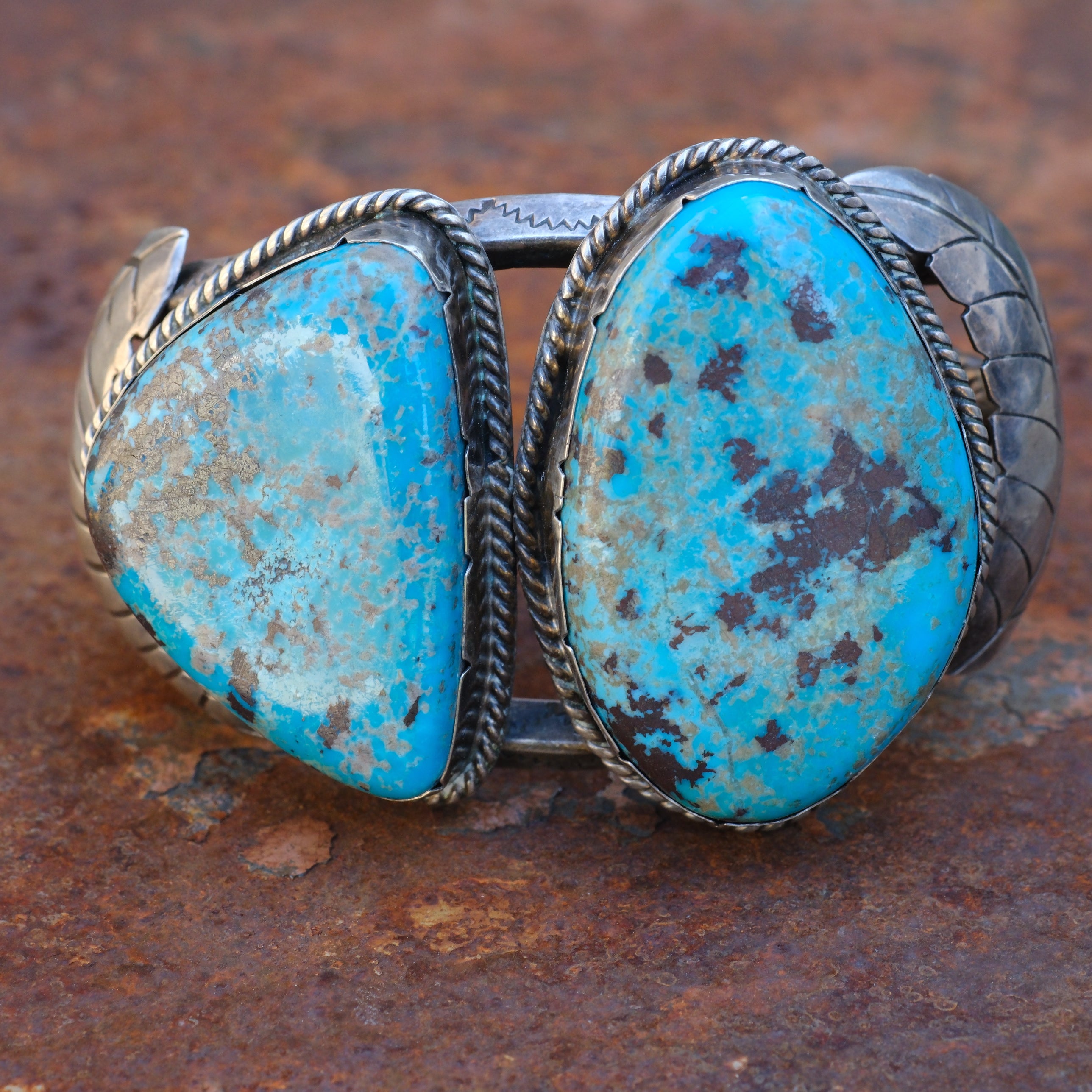 Massive Vintage Sterling 2-Stone Turquoise Stamped Feather Cuff Bracelet