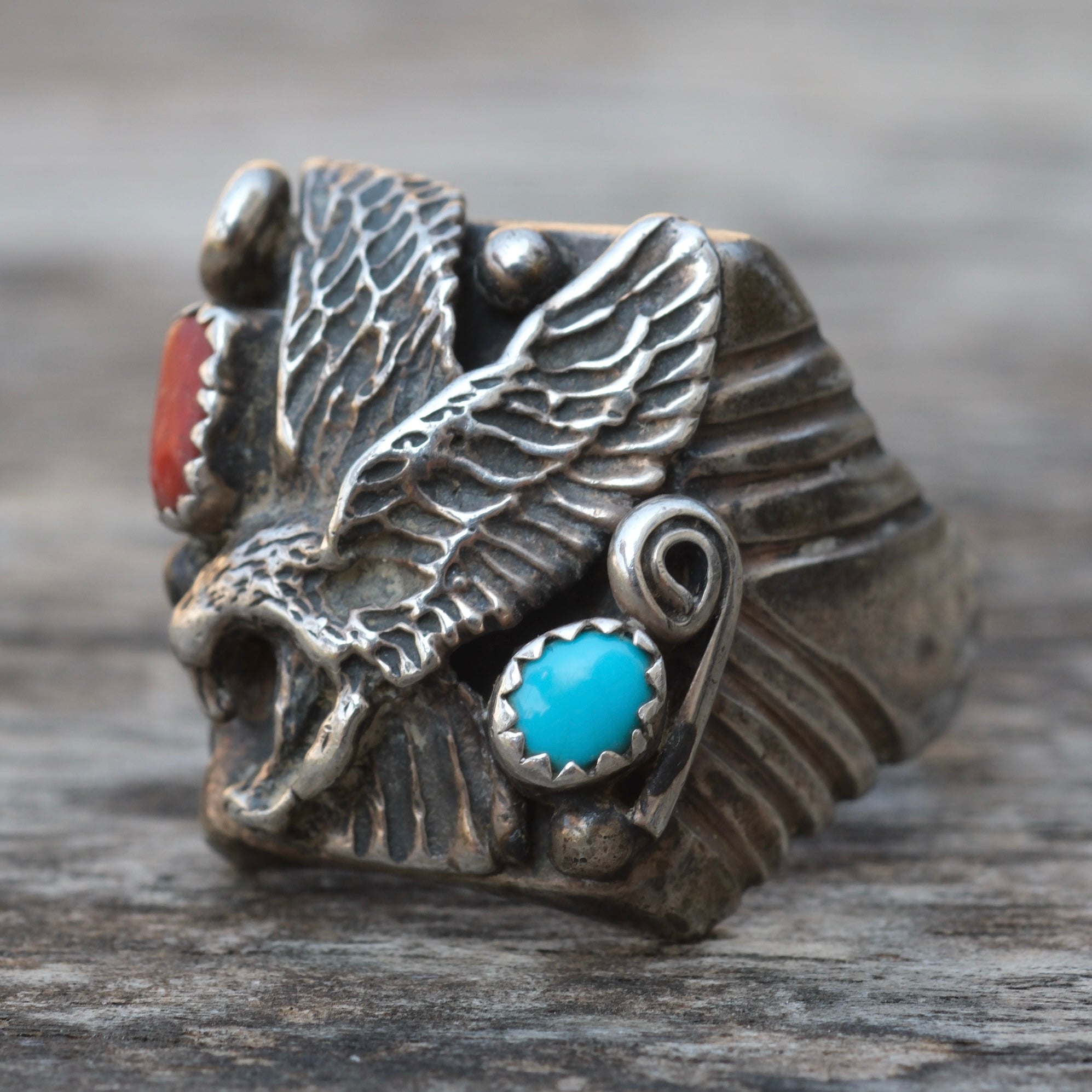 Vintage Sterling Turquoise and Coral Eagle Ring 12
