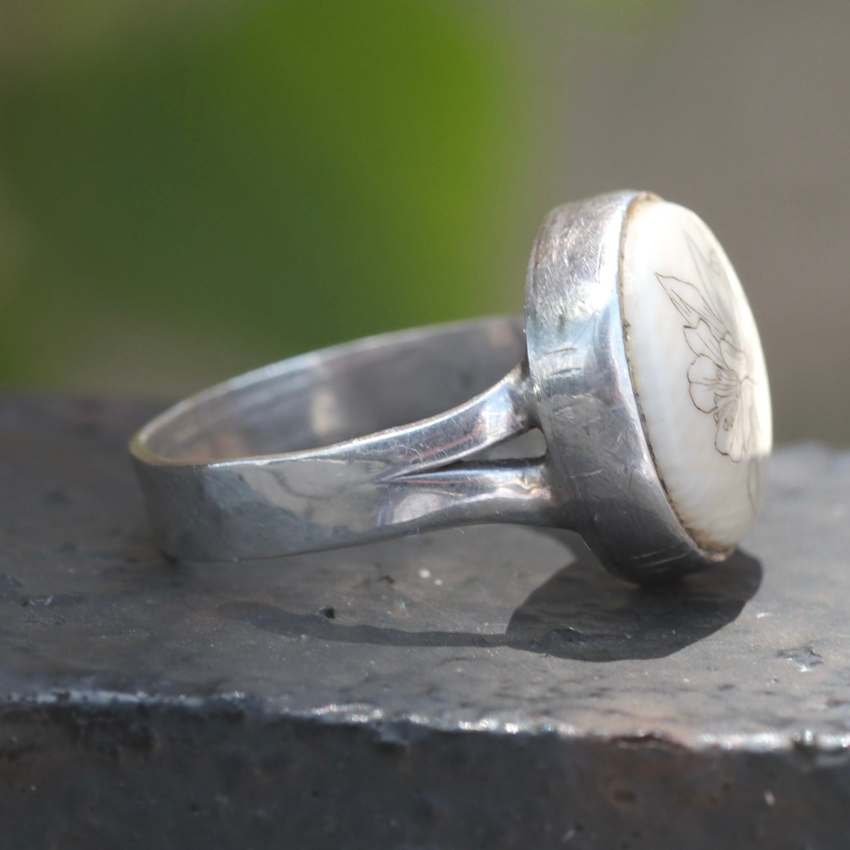 Vintage Sterling Scrimshaw Flower Ring 6.75
