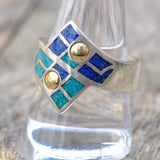 Vintage Sterling Turquoise and Lapis Inlay Ring 9.75