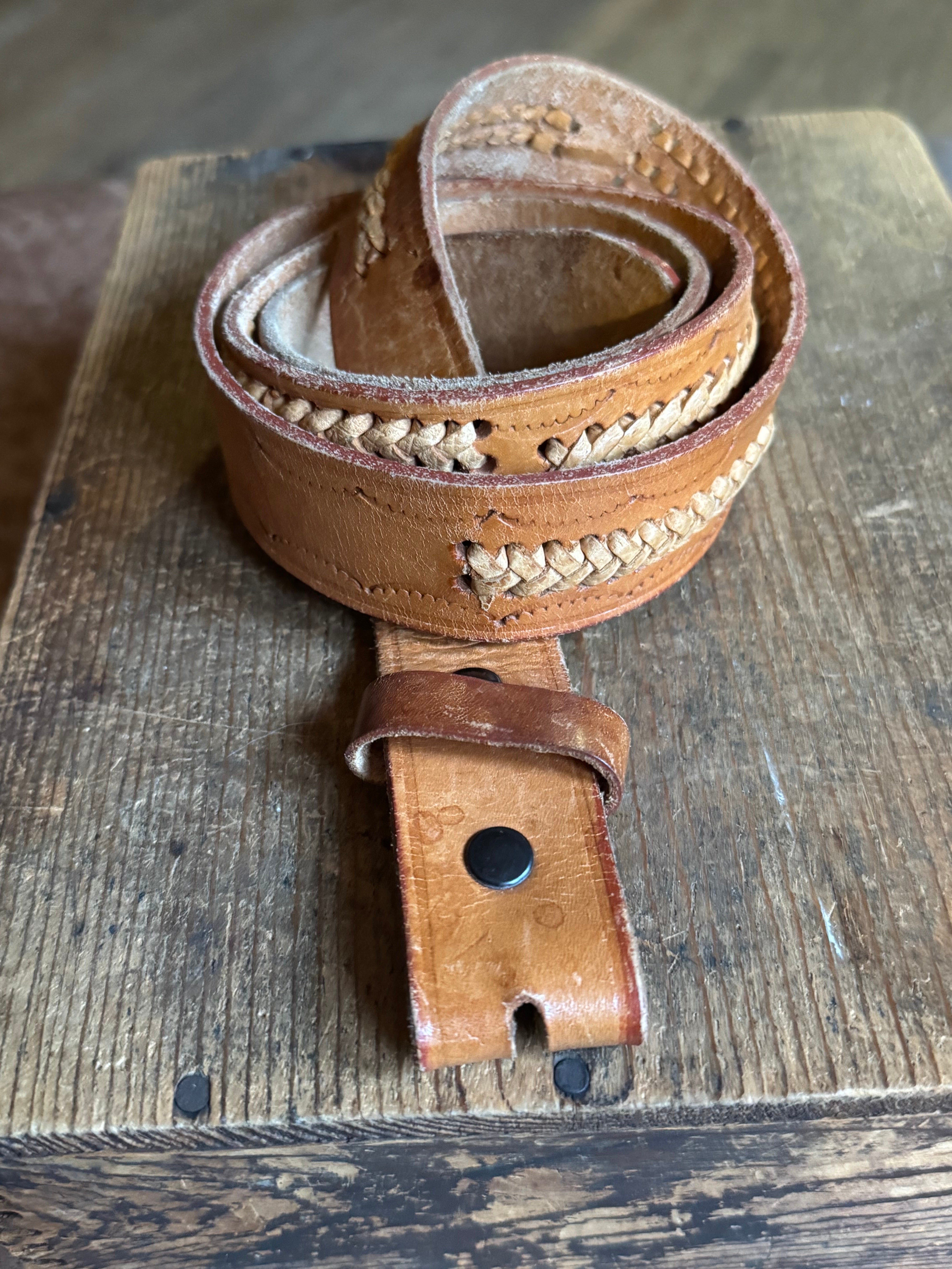 Vintage Stamped Laced Brown Leather Belt