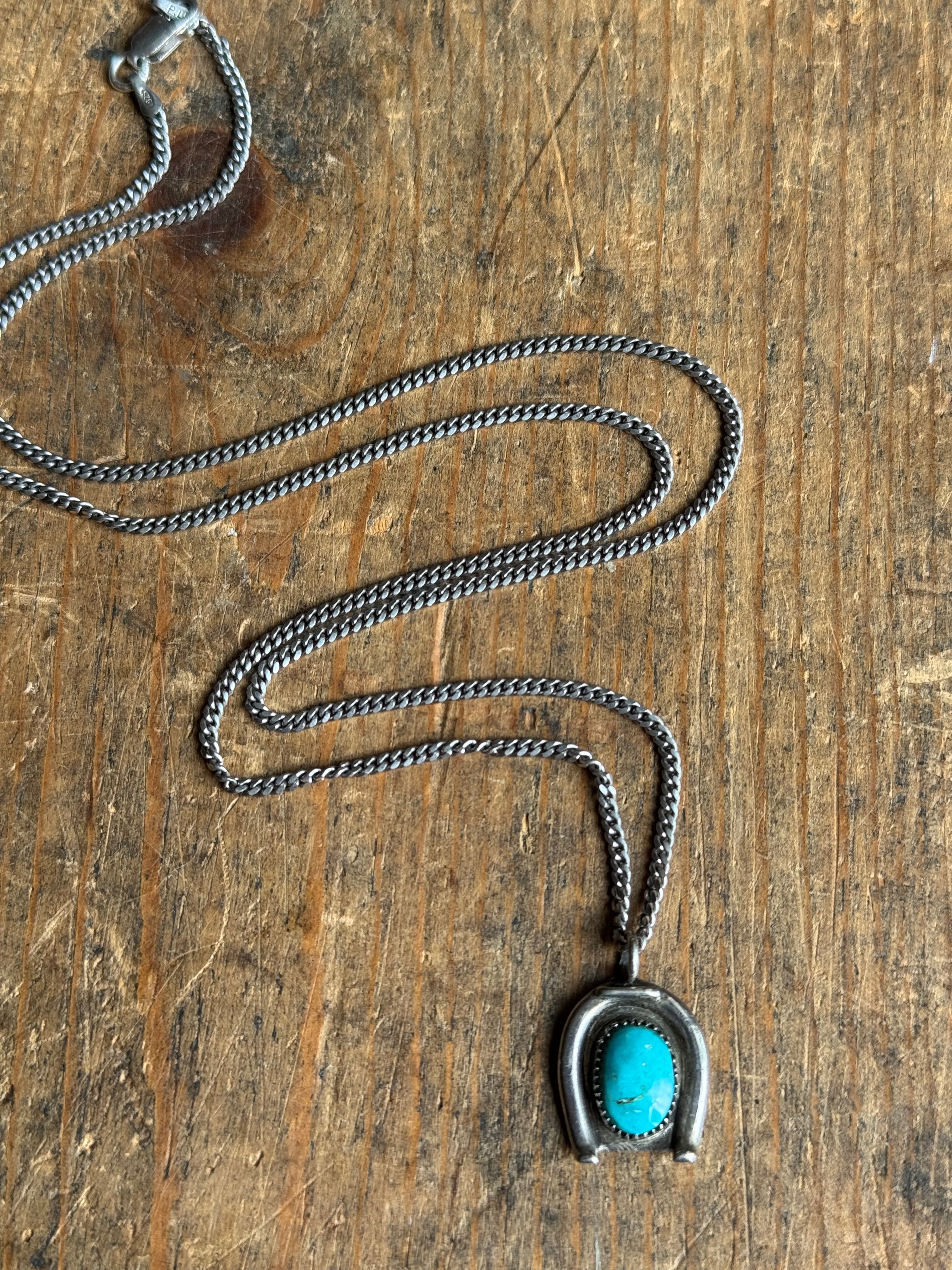 Vintage Sterling Silver Turquoise Horseshoe 22" Necklace