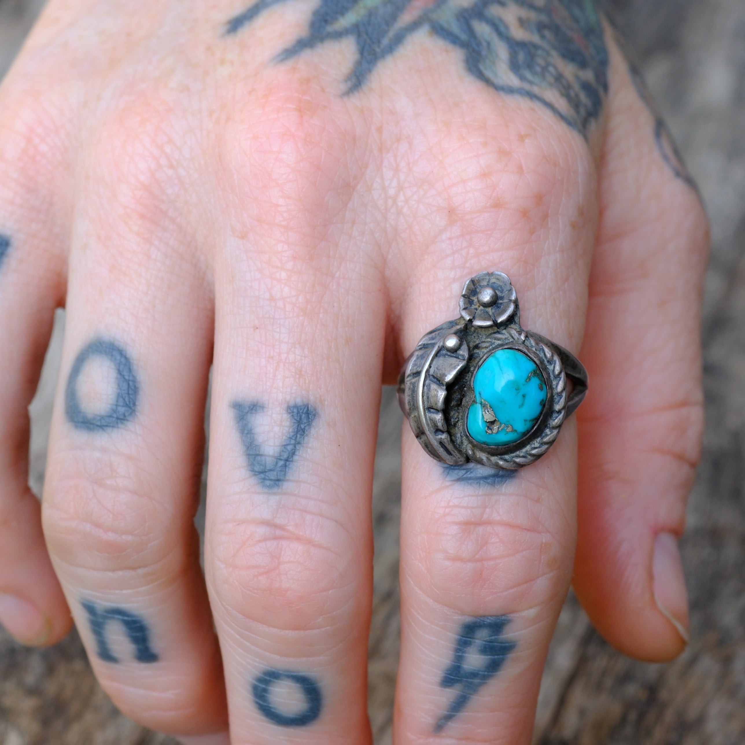 Vintage Sterling Turquoise Feather Ring 8