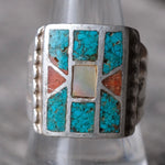 Vintage Sterling Turquoise MOP and Coral Inlay Ring 9.5