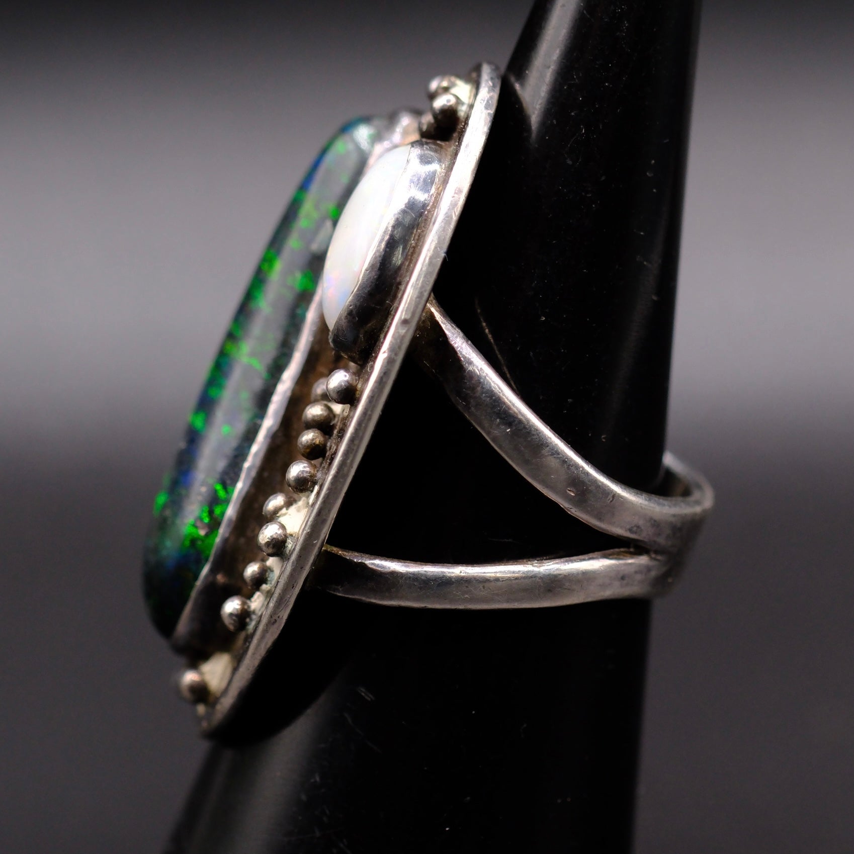 Vintage Sterling Mother Of Pearl and Faux Opal Ring 6.75