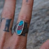Vintage Sterling Crushed Turquoise and Coral Stamped Band Ring 11.5