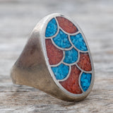 Vintage Sterling Crushed Turquoise and Coral Inlay Ring 9.75