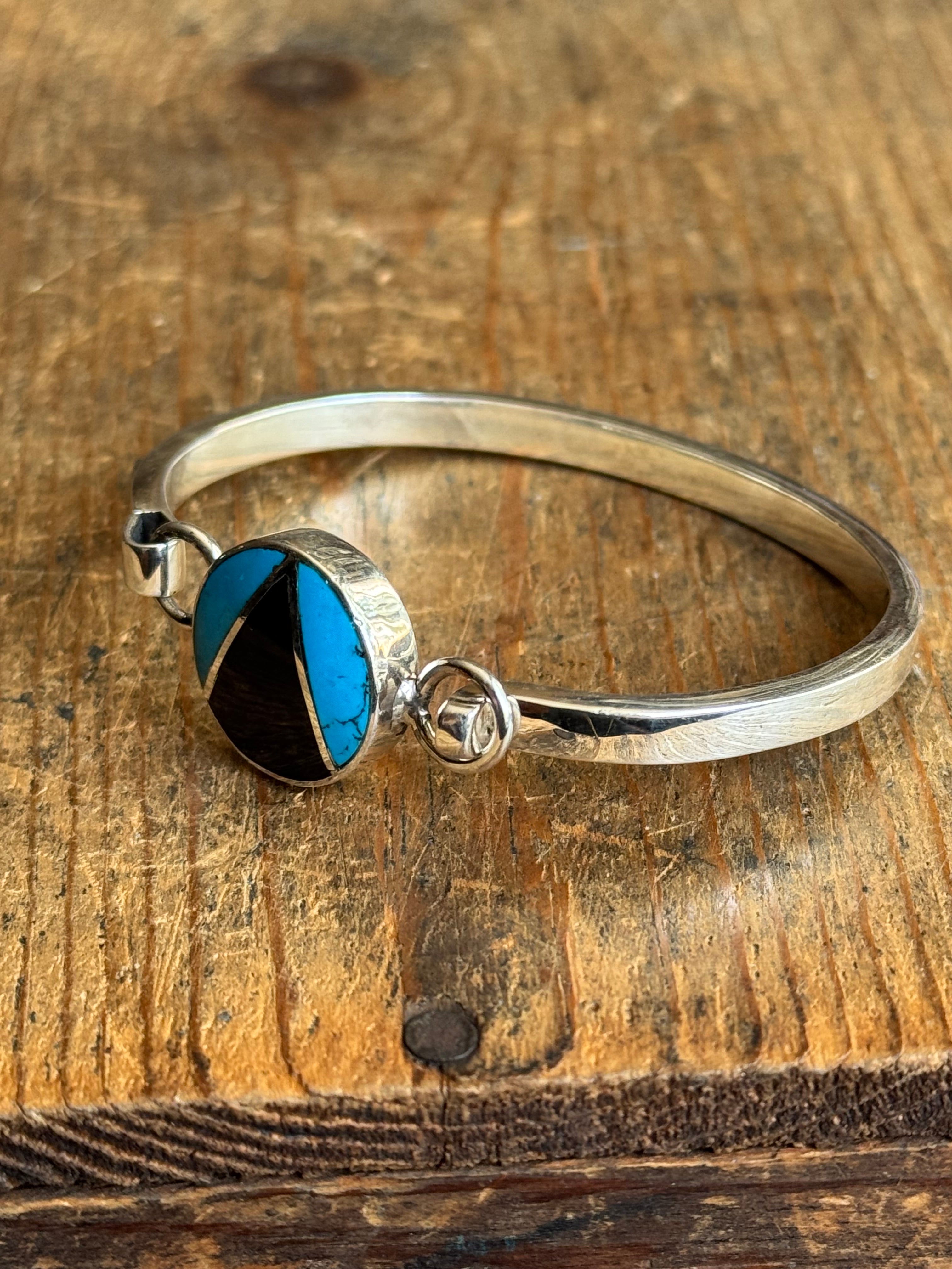 Vintage Sterling Silver Turquoise & Onyx Inlay Latch Bracelet