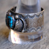 Vintage Navajo Sterling Turquoise Feather Stamped Band Ring Terry Martinez 13
